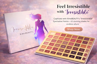 Xime Beauty 'Irresistible' eyeshadow palette with packaging on a gradient background
